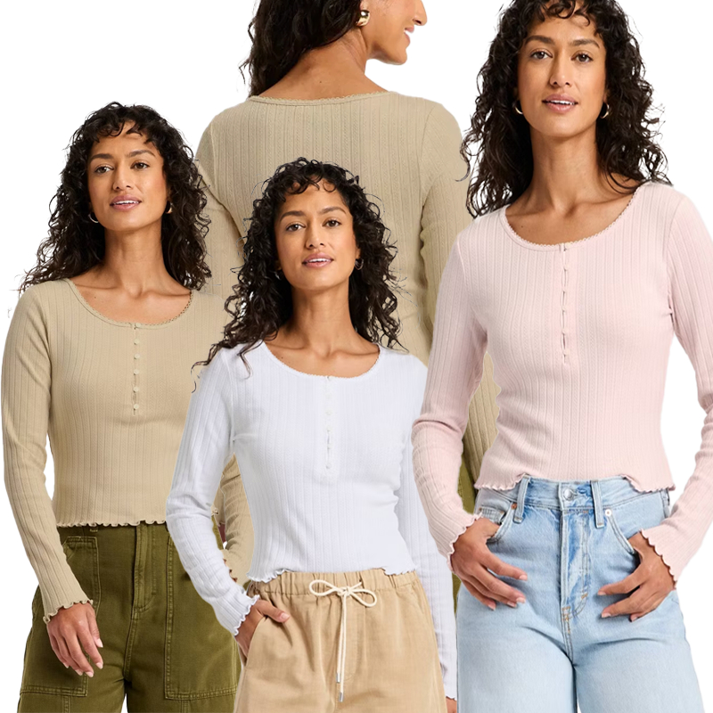 ATASAN KAOS WANITA LONGSLEEVE POINTELLE HENLEY SHIRT