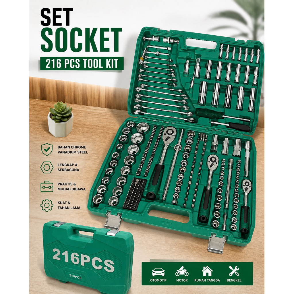 Reaim Kunci Set Lengkap 216 PCS Set Kunci Shock Set Kunci Inggris Tool Box Set Lengkap Kunci Shock