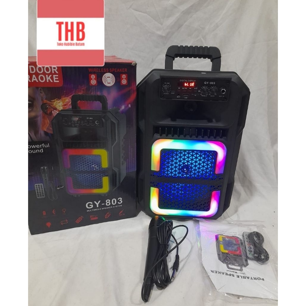 super bass gy 803speaker portabel bluetooth Bonus mic kabel tersambung Ukuran 8 inchi22 x 18 x 38 cm