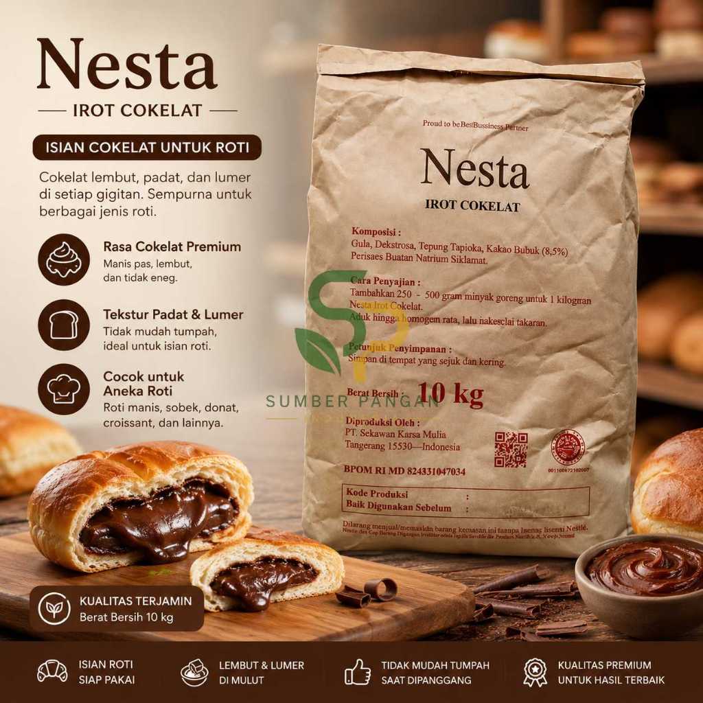Nesta Irot Bubuk Coklat Isian Roti Rasa Cokelat Karung Grosir Industri Bakery 10Kg