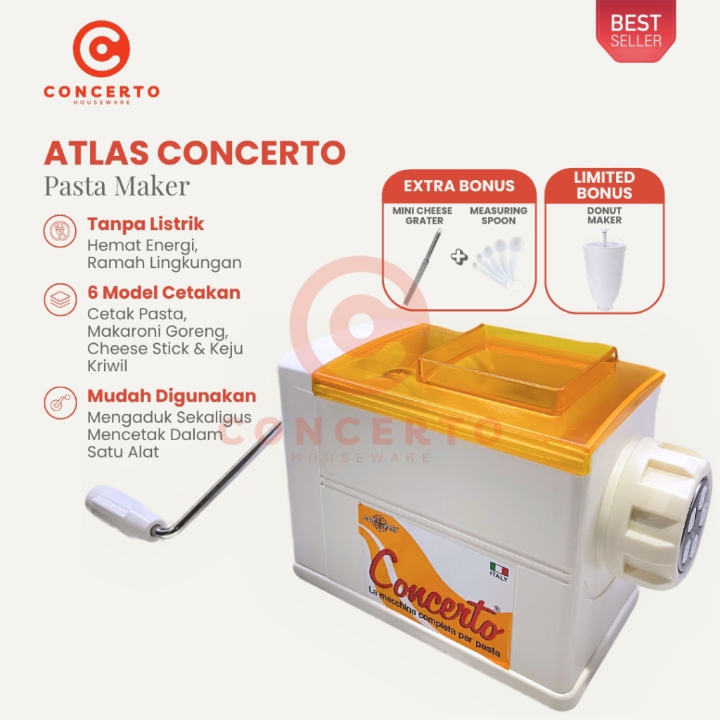 Atlas Concerto Pasta Maker Original | Alat Cetak Makaroni, Keju Kriwil, Roti, Donat – Manual Multifu