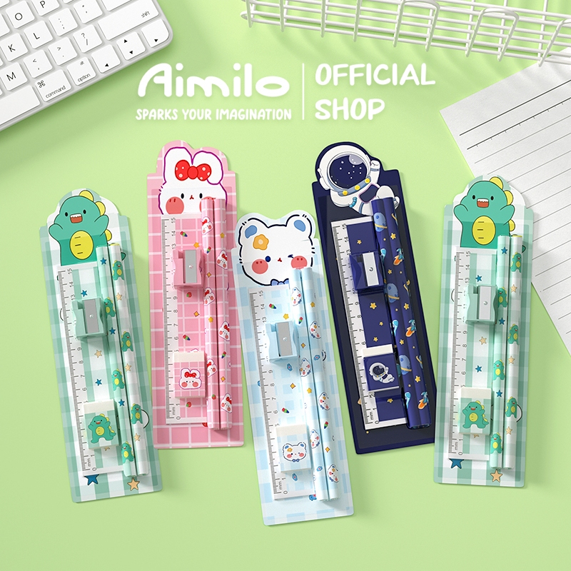 [READY] Aimilo Pensil Set Anak 5in1 Set Alat Tulis Pensil Lucu Dan Penghapus Untuk Tempat Pensil Buk