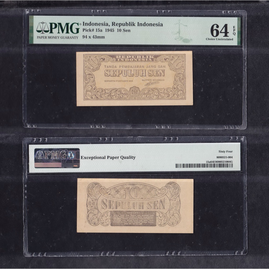Uang kuno PMG 64 EPQ - 10 Sen tahun 1945 seri Oeang Repoeblik Indonesia (ORI-I)