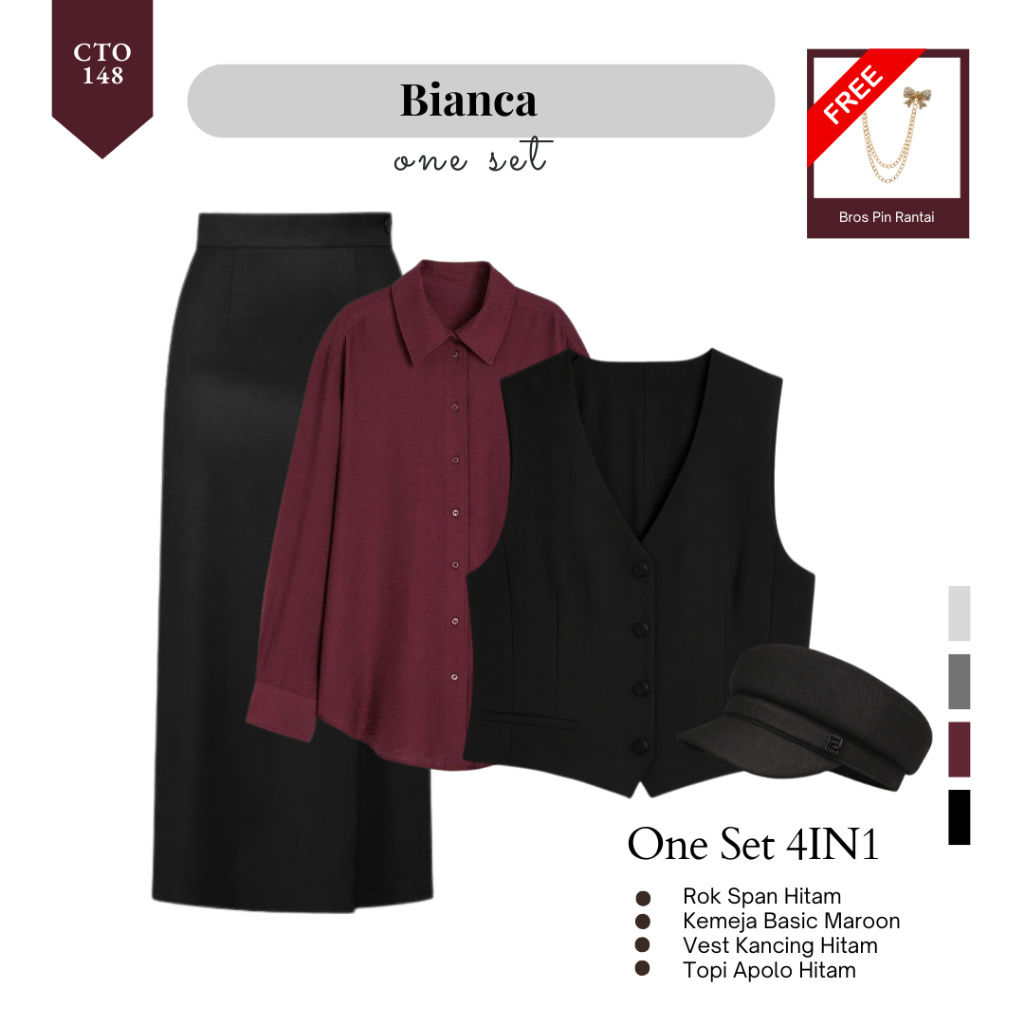 One Set Wanita Elegan (Kemeja Maroon, Vest Hitam, Rok, Topi) Setelan Outfit Yearbook Mafia - CTO148