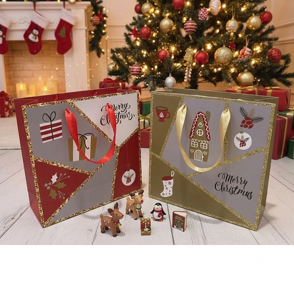 [uk 20x20x8cm] Paperbag Glitter Merry Christmas / Tas Kado Natal / Tas Kado Unik Hampers Natal