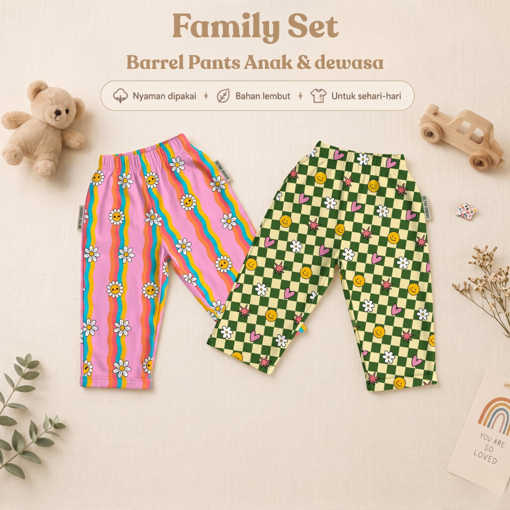 Celana Barrel Pants Couple Keluarga Santai "Groovy Style" (Anak & Dewasa)