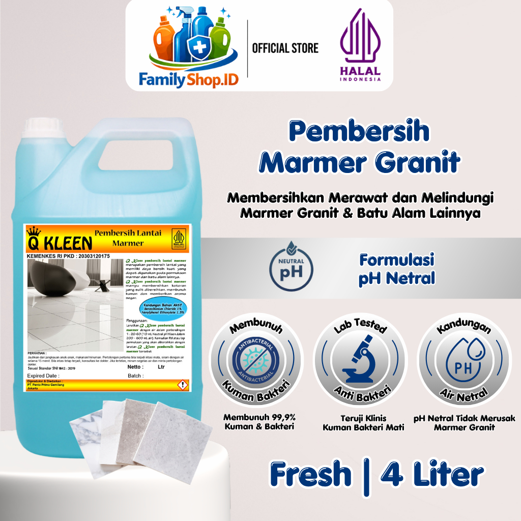 Q KLEEN Pembersih Lantai Marmer 4L Neutral pH Membersihkan Dan Merawat Marmer Granit Teruji Klinis