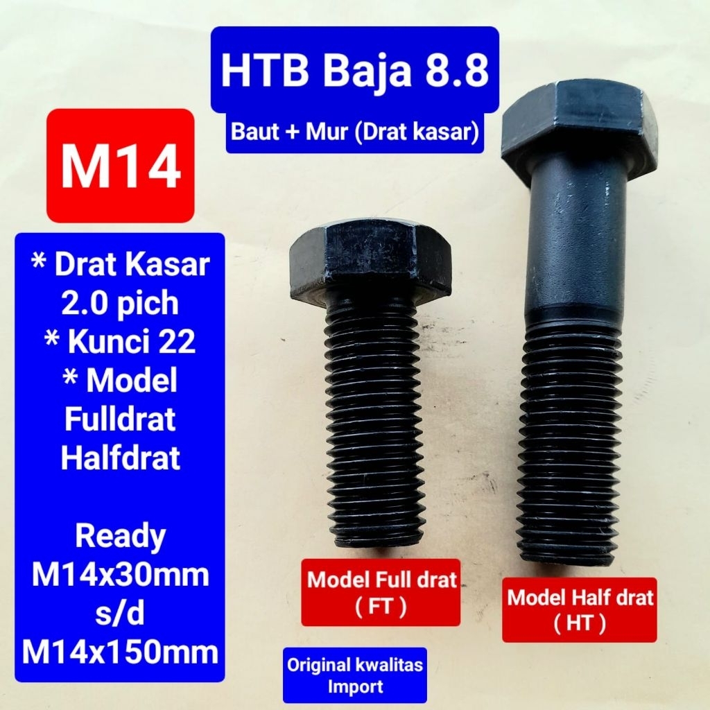 Baut HTB hexagon baja 8.8 M14 | Baut hexagon baja 8.8 M14 | Baut baja hitam M14x30 s/d M14x150mm