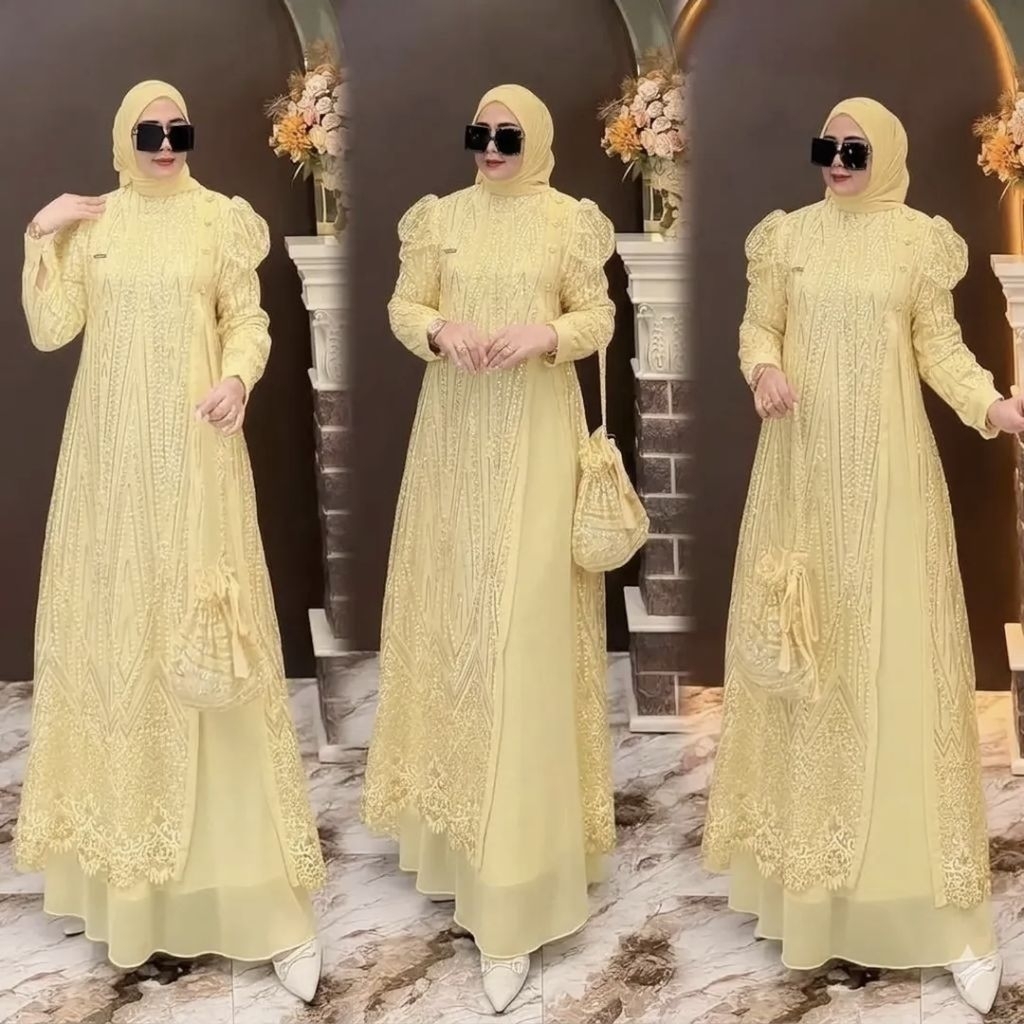 COD Gamis Kondangan Brukat Senna Drress Pesta Mewah Elegan Brokat Burgundy
