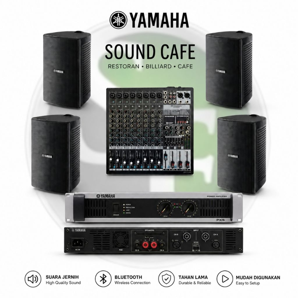 PAKET POWER YAMAHA SPEAKER YAMAHA VS 4, MIXER BLUETOOTH SPEAKER GANTUNG 4 TITIK, DI CAFE BILLIARD KA