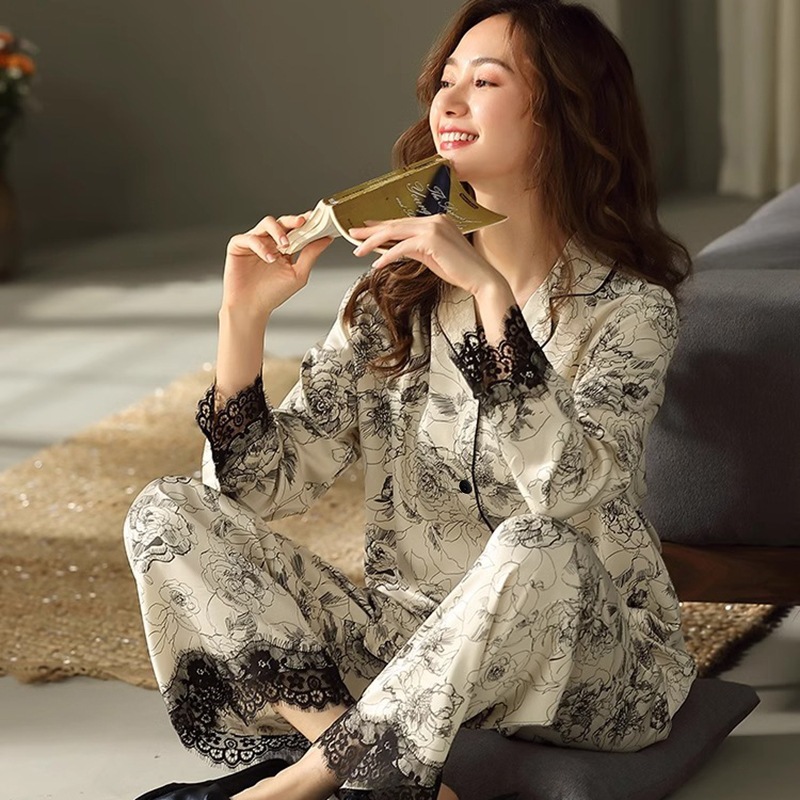 [Lavarda Store] VZ227 -Set Piyama Wanita Satin PP Baju Lengan Celana Panjang Hitam Putih Bunga Renda