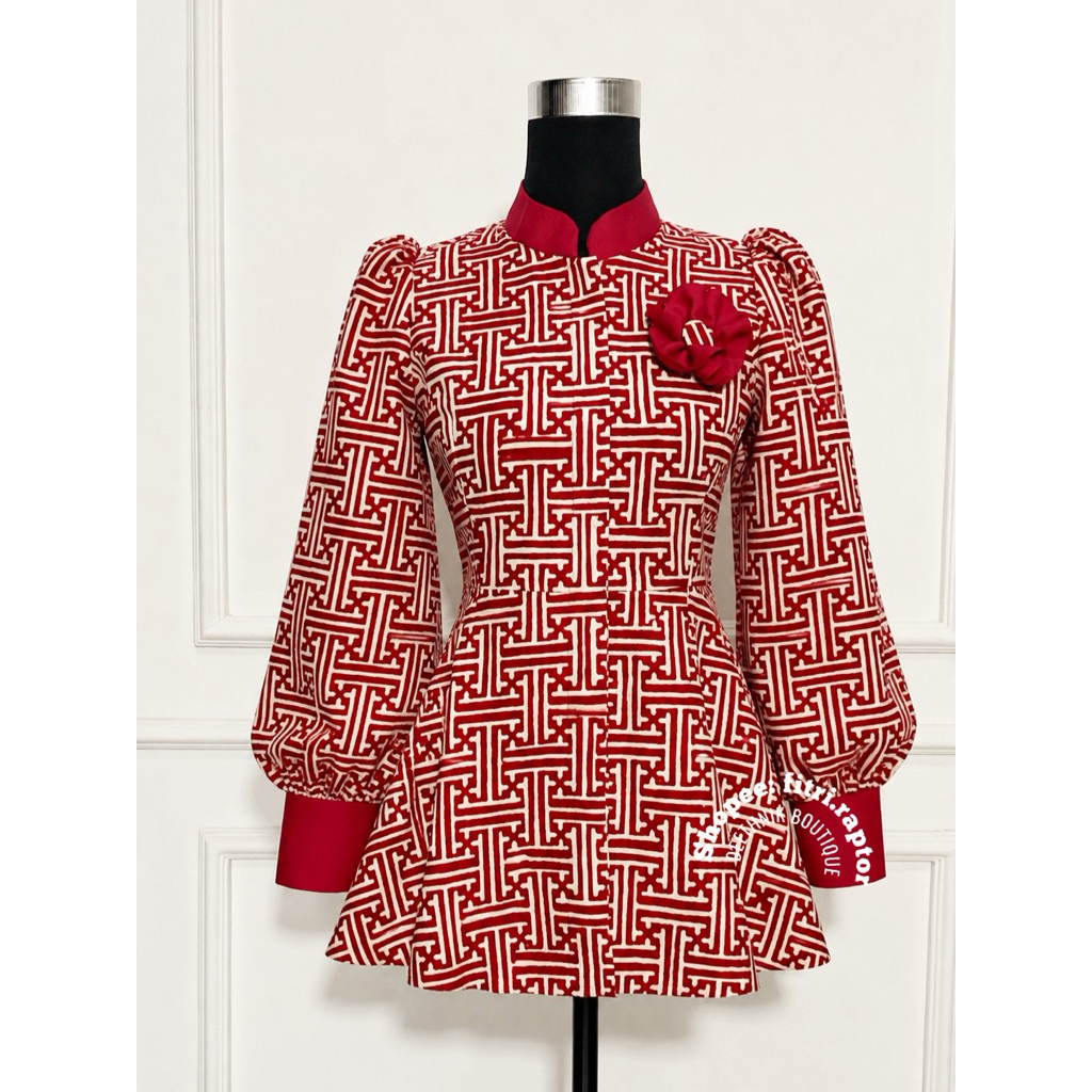 batik merah putih Baju batik wanita model peplum batik warna merah kancing depan lengan balon