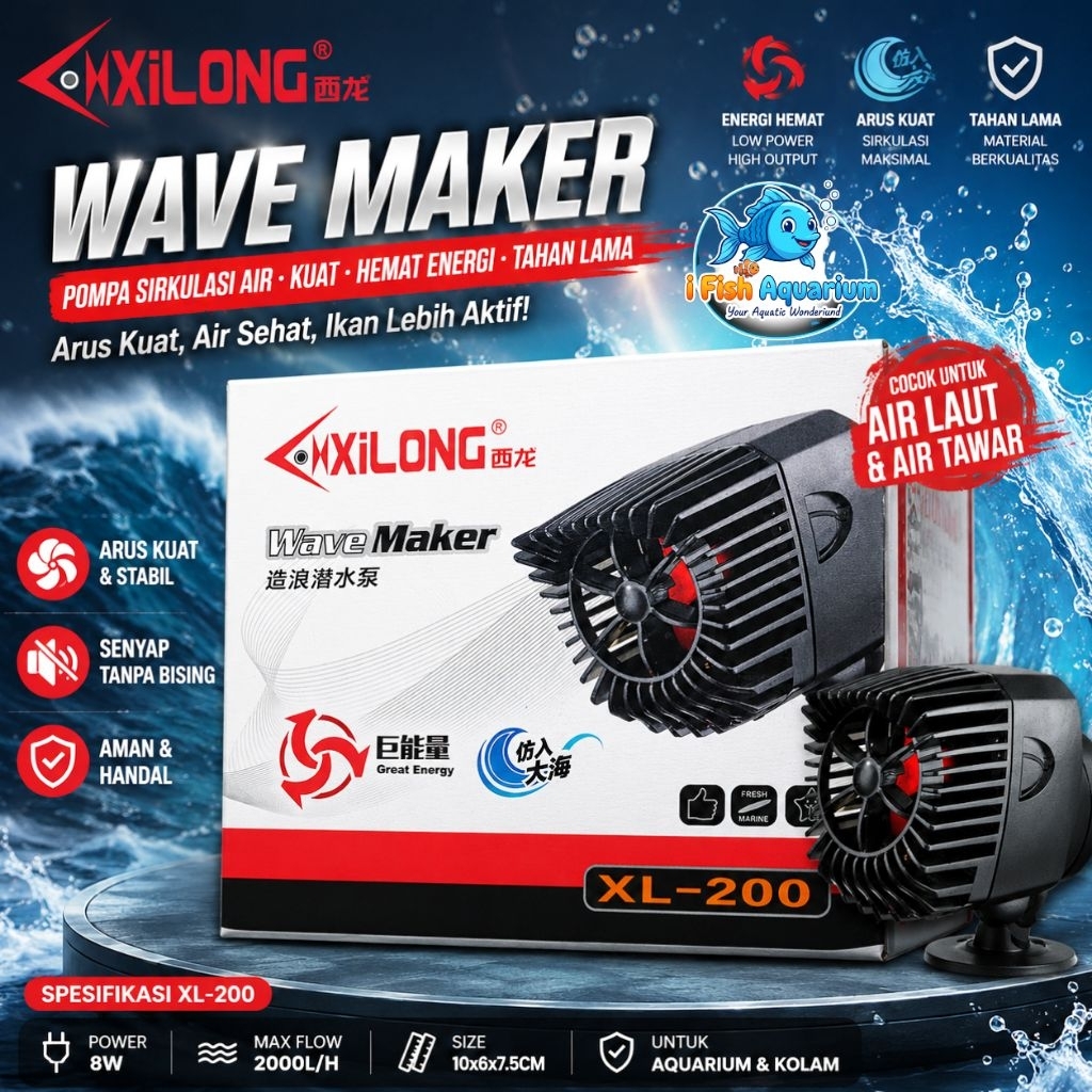 XiLong Wave Maker XL-200 Pompa Pembuat Arus Aliran Aquarium dengan Aliran Kuat 5.000 Liter/Jam dan K