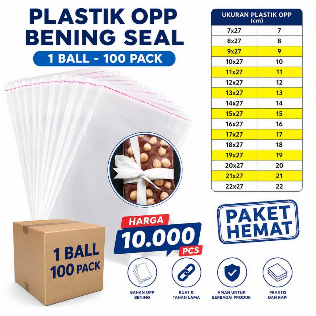 Plastik OPP Bening Seal Lem 1 Bal 100 Pack (10.000 Pcs) | Ukuran 7x27 cm s/d 22x27 cm | Tebal 30 Mic