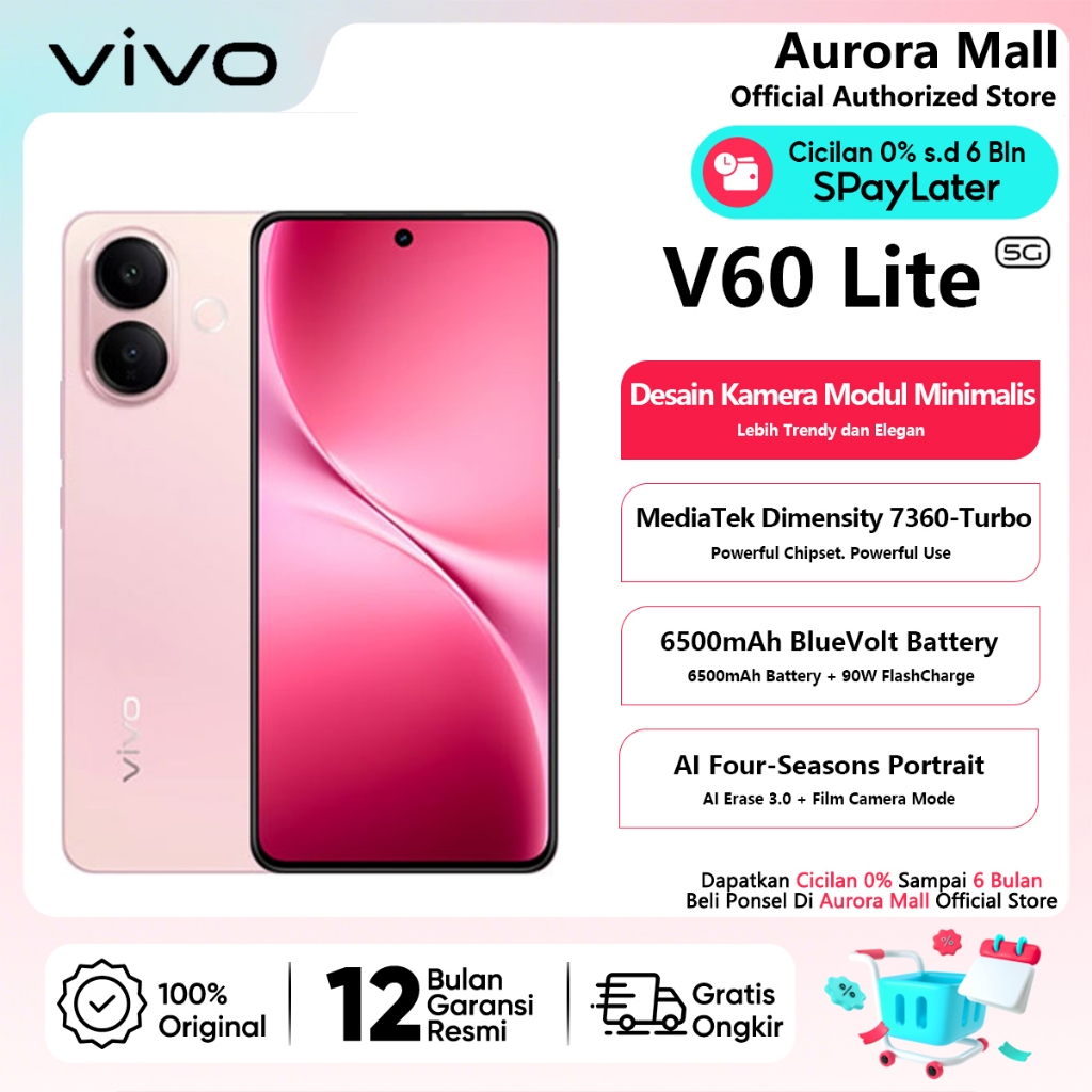 Vivo V60 Lite 5G 8/256GB (8GB+8GB Extended RAM) Garansi Resmi HP Android Terbaru 2026 Handphone COD