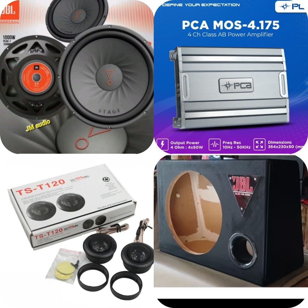 PAKET AUDIO MOBIL, POWER PCA..SPEAKER SUB 12inch JBL Doble Coil,Twiteer TS 120, Box Speaker 12inch J