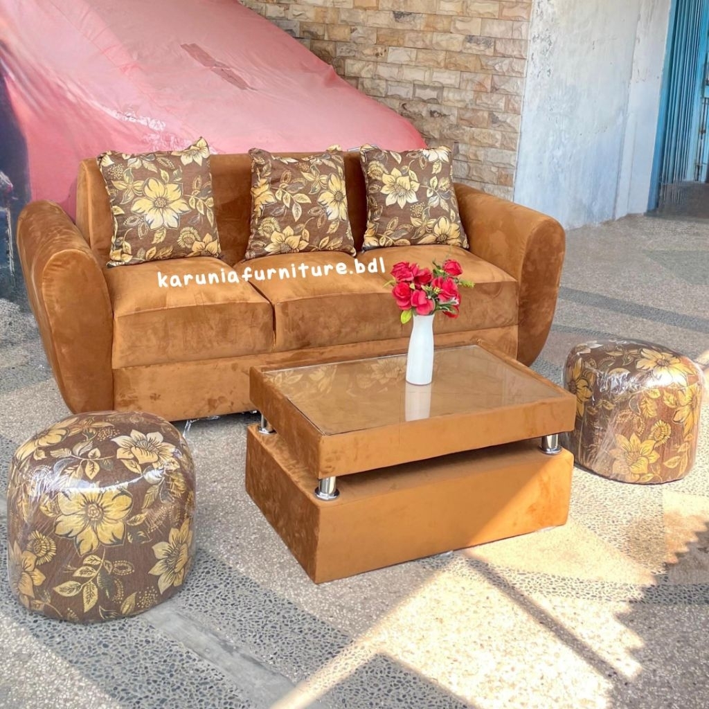 SOFA 3SEATER + 2STOOL KAKI KAYU MINIMALIS | FREE ONGKIR BANDAR LAMPUNG