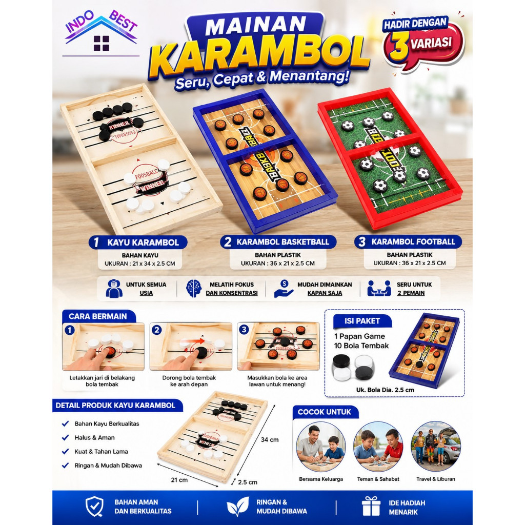 IB Mainan Anak  Karambol Tembak Slingpuck Board Carom Battle Game Mainan Papan Kayu Karambol Tembak