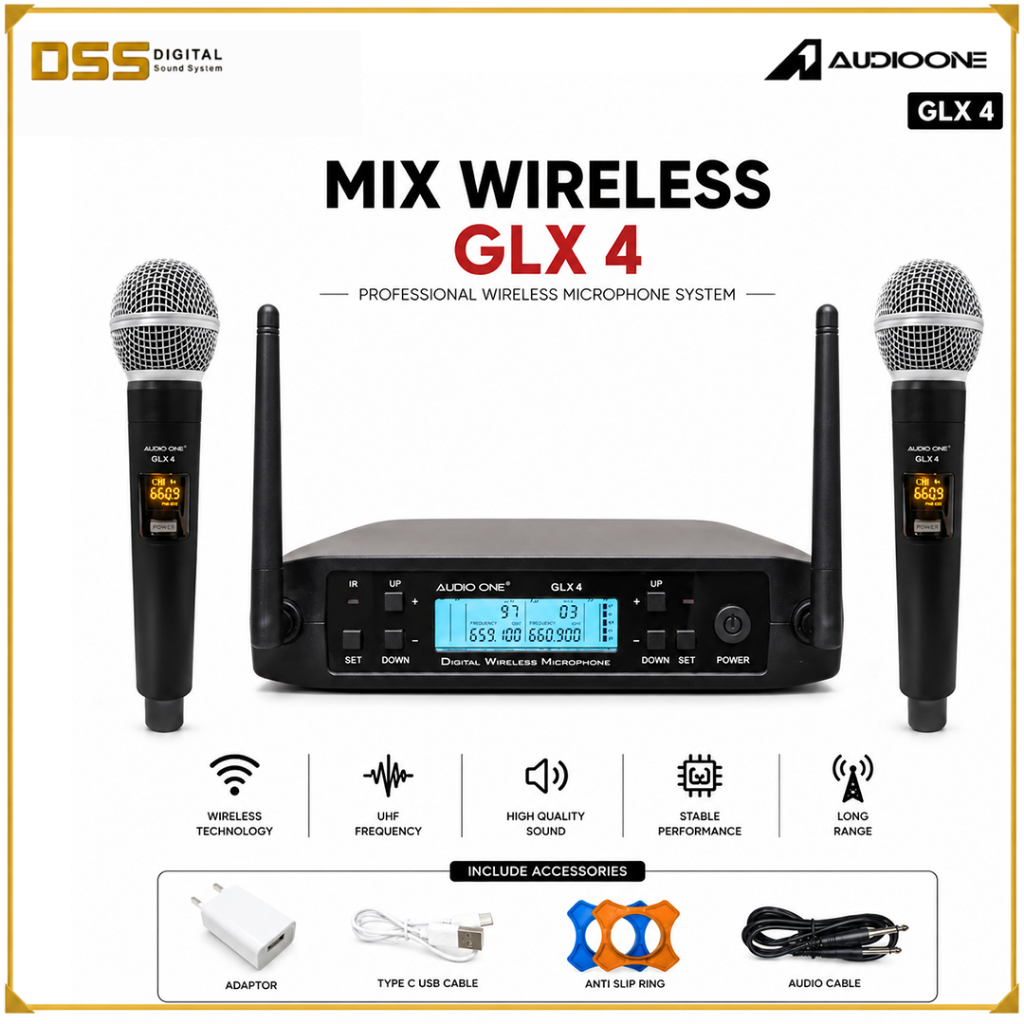 Mic Wireless GLX4 2 Mic UHF Audio One USB Type C Jernih Untuk Karaoke I DSS