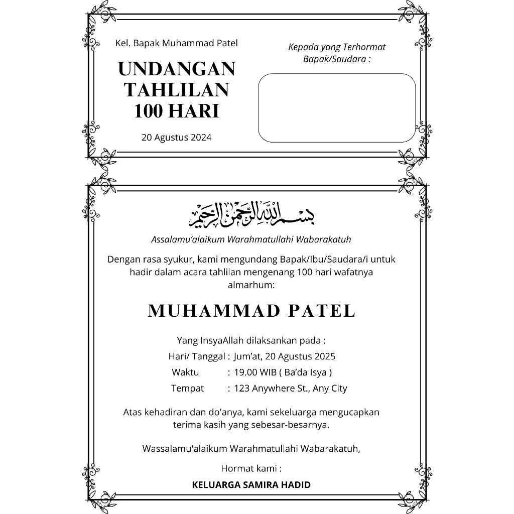 UNDANGAN TAHLIL - KIRIM DOA - YASINAN - TAHLILAN - A5 - A4