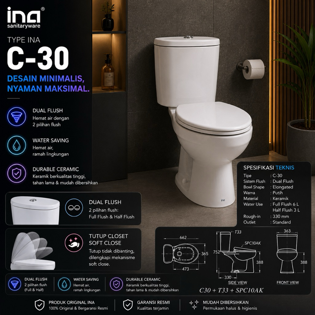 KLOSET DUDUK INA C30 PUTIH / MONOBLOK INA PUTIH CLOSET DUDUK DUAL FLUSH C-30 AS 30cm