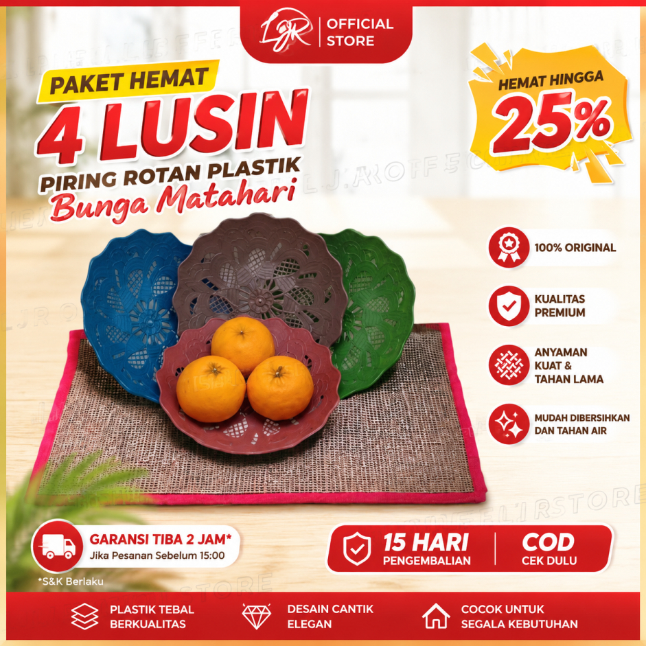 LJR Piring Rotan Plastik Bunga Matahari Random - 4 Lusin