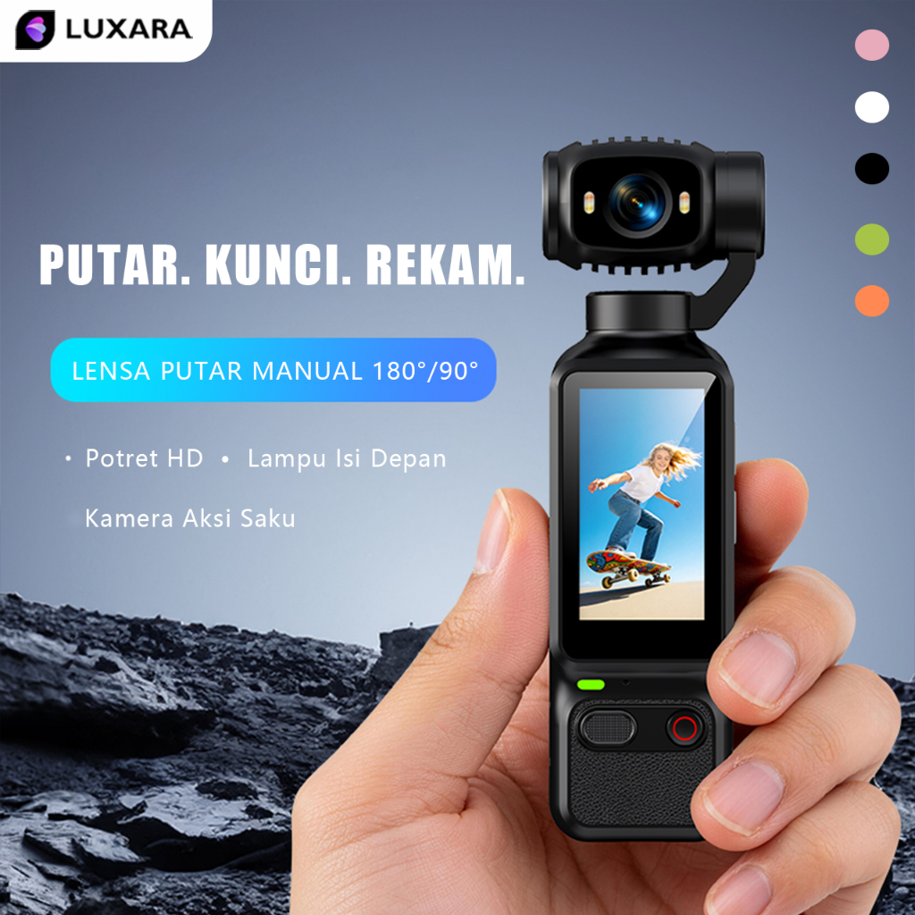 LUXARA Action Kamera HD Lensa Putar Manual 180°/90° dengan Front Fill Light | Camera Vlog Pocket unt