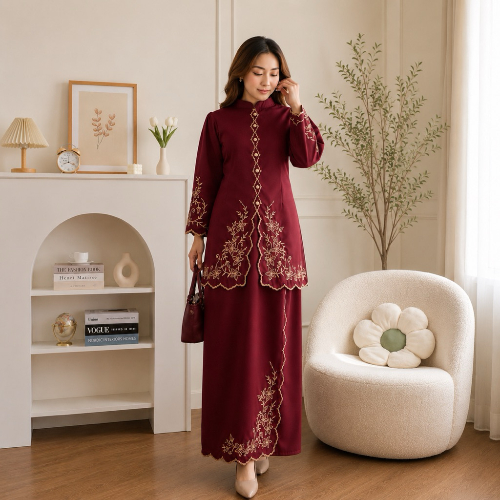Elorisse - One Set Lunaira Katun Toyobo Bordir Bunga  Gold Stelan Wanita  Simple