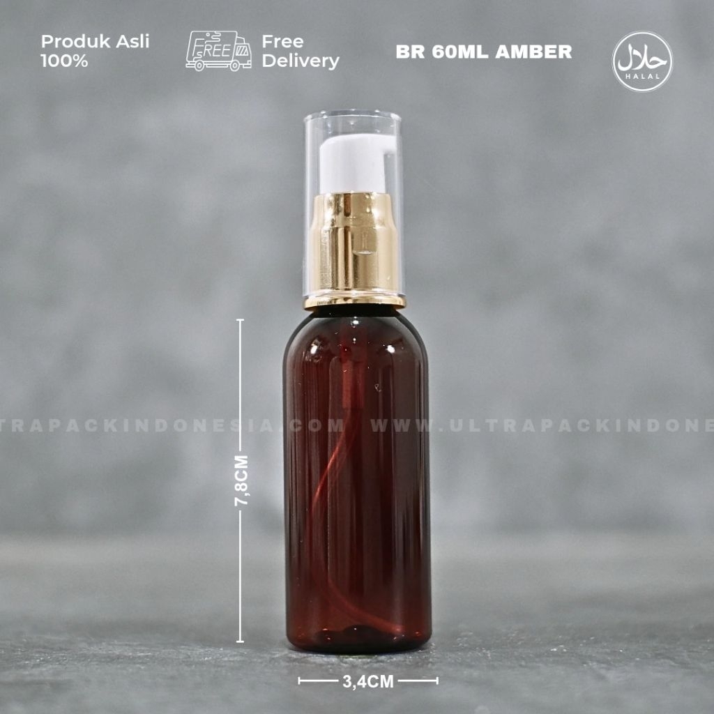 BOTOL PUMP SERUM ISI ULANG - BOTOL PET BR 60ML AMBER + TREATMENT PUMP FULL CAP ALUMINIUM
