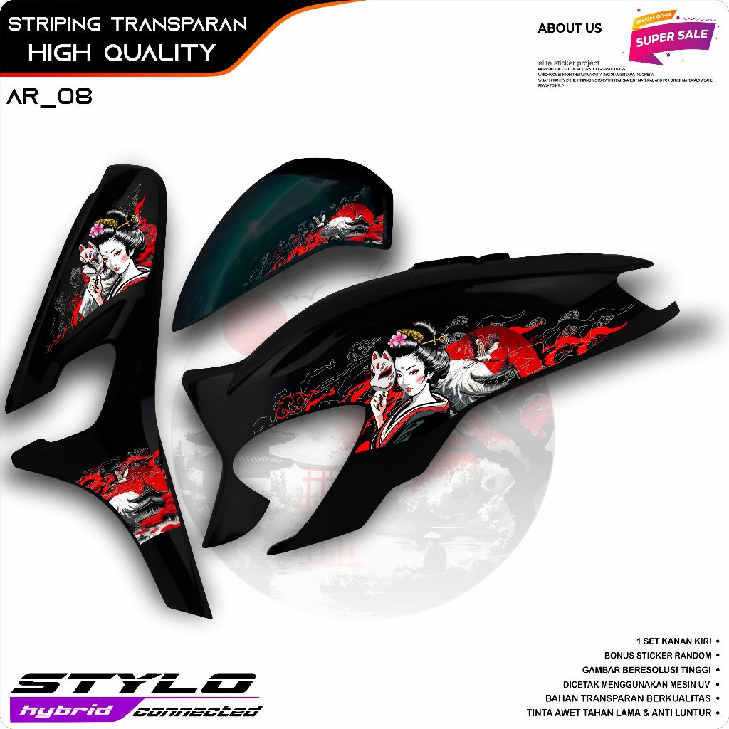STRIPING TRANSPARAN UV CLEAR SUPERGLOSSY HONDA STYLO MOTIF JEPANG KARAKTER GEISHA KEREN TERBARU SUDA