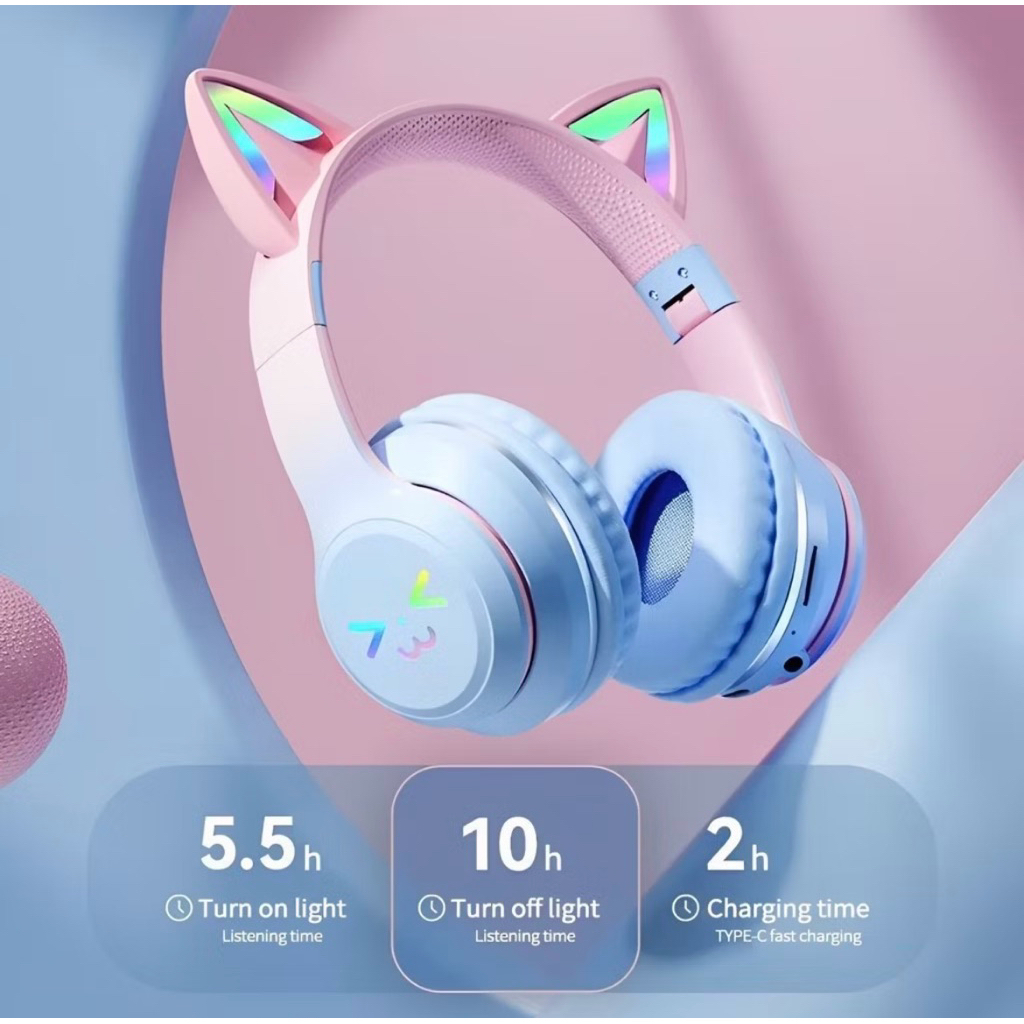 Headphone Gaming Anak Perempuan Desain Kucing Lucu Warna Biru