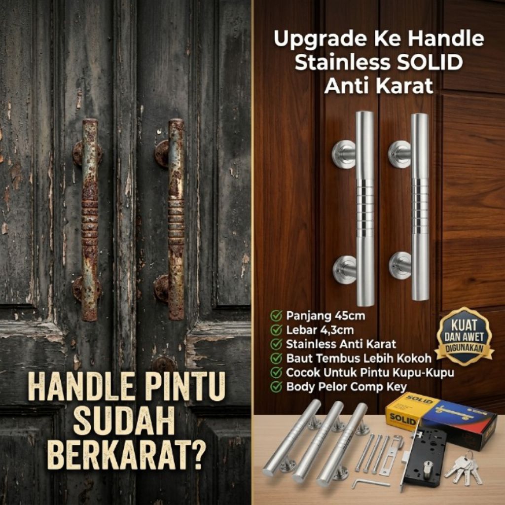 Handle Pintu Kupu Kupu SOLID 45cm Stainless Baut Tembus Anti Karat Set Kunci Lengkap
