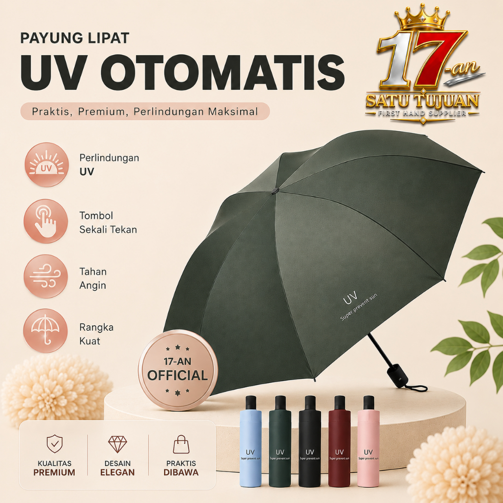 (17-AN) Payung UV Lipat Otomatis Buka Tutup Lipat Anti UV Payung UV Payung Nivil Perlindungan Mataha