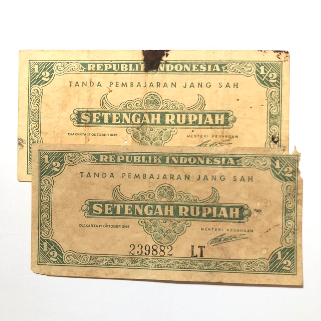 Uang Kertas Kuno 1/2 , Setengah Rupiah Seri ORI Tahun 1945 Kondisi fine Original Koleksi Nostalgia
