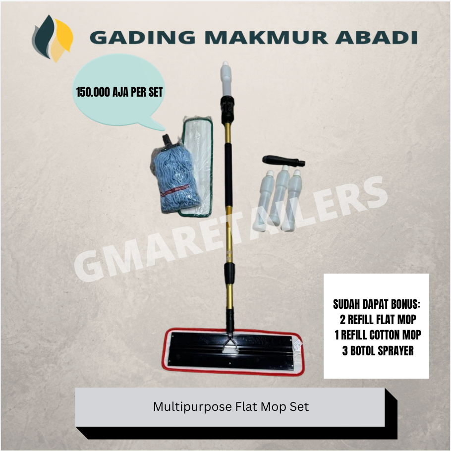 Multipurpose Flat Mop Set / Flat Mop Set / Alat Pel Kain Mikrofiber ukuran 45 cm - BONUS REFILL FLAT
