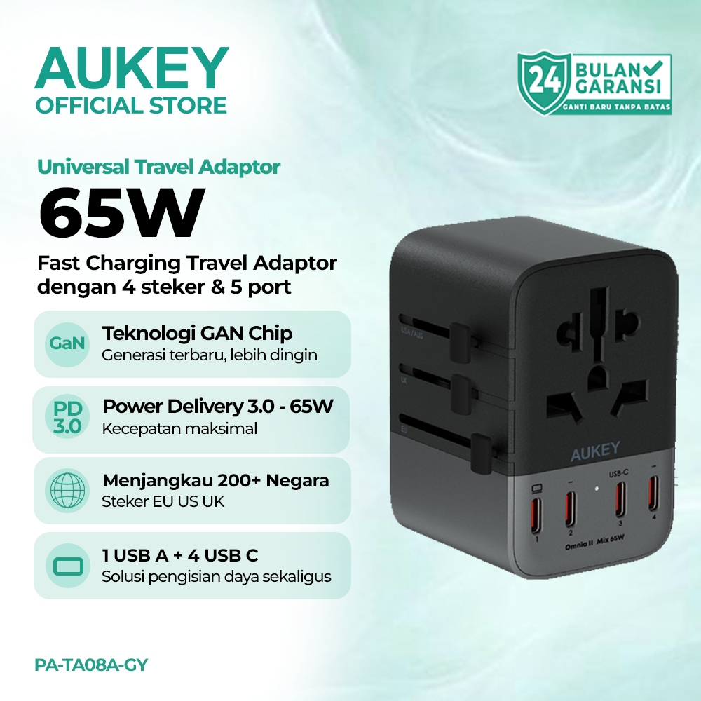 AUKEY Universal Travel Adaptor 65W USB C Charger GaN 5 Multi Port UK US EU Fast Charging PA-TA08A