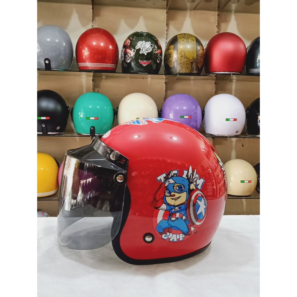 Aizo Helm Bogo Anak Captain America Merah Glossy Berlabel SNI COD Free Packing Kardus & Bubble Wraps