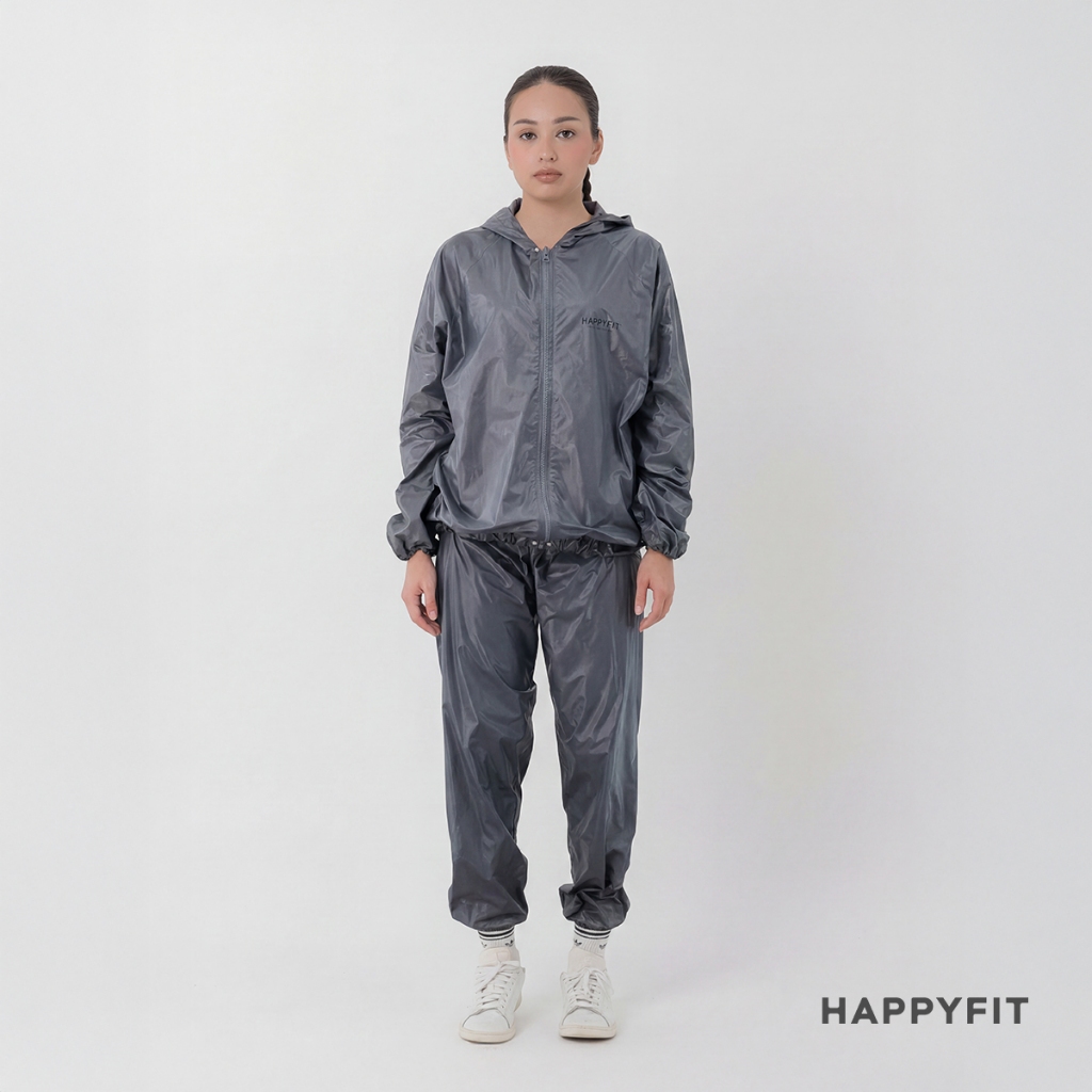 HAPPYFIT - (BAJU + CELANA) Sauna Suit with Zipper and Hood / Baju Sauna / Jaket Sauna