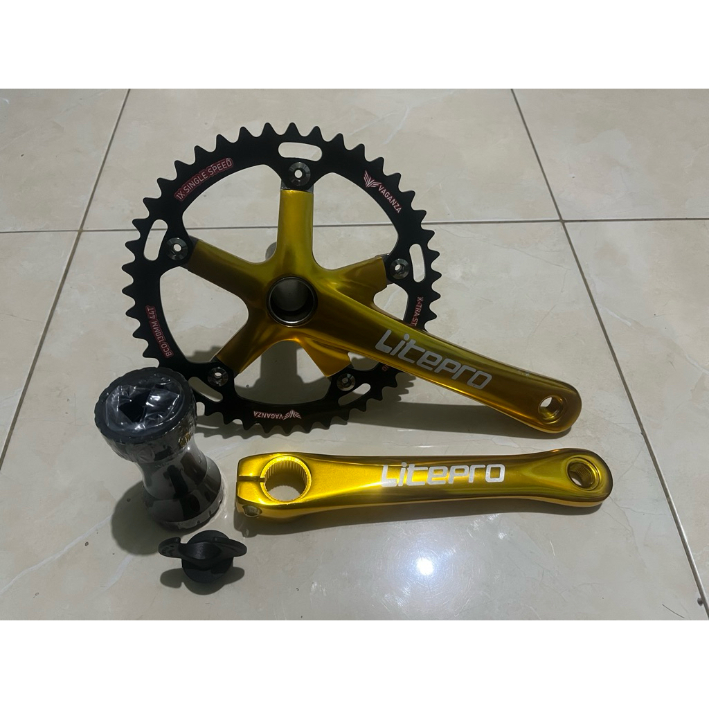 Litepro Gold Crankset Sepeda Hollowtech HT2 Single Chainring 44T Alloy Gir Depan Include BB Armset
