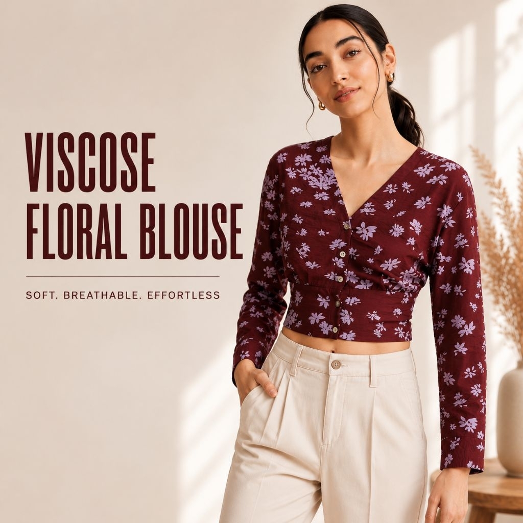MDW - Blouse Wanita Viscose Motif Floral Lengan Panjang V Neck Crop Top - Madewell Casual Chic | XS 