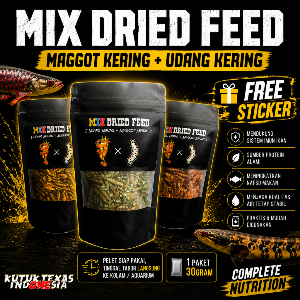 MIX DRIED FEED (Maggot Kering + Udang Kering) Pakan Ikan Predator, Channa, Oscar, Dll