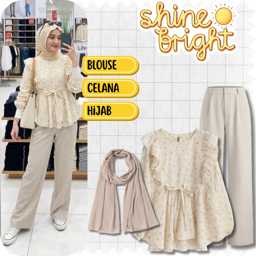 Set Remaja 3in1 Style OOTD | Kiyomi Blouse Floral + Celana Jennie + Pashmina | Outfit Kekinian -AR89