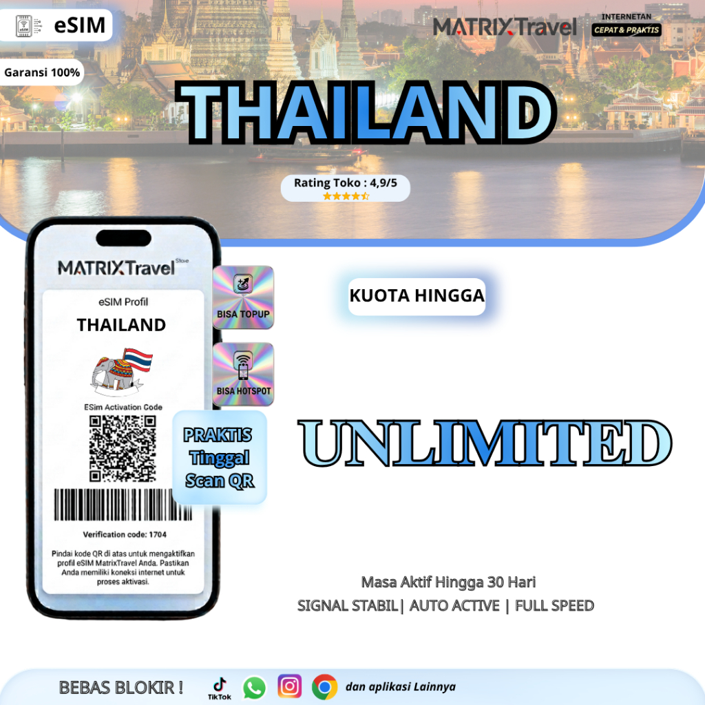 eSIM Thailand Kuota Besar MATRIXTRAVEL Support TIKTOK | Internet Travel Data Roaming Bangkok Thailan