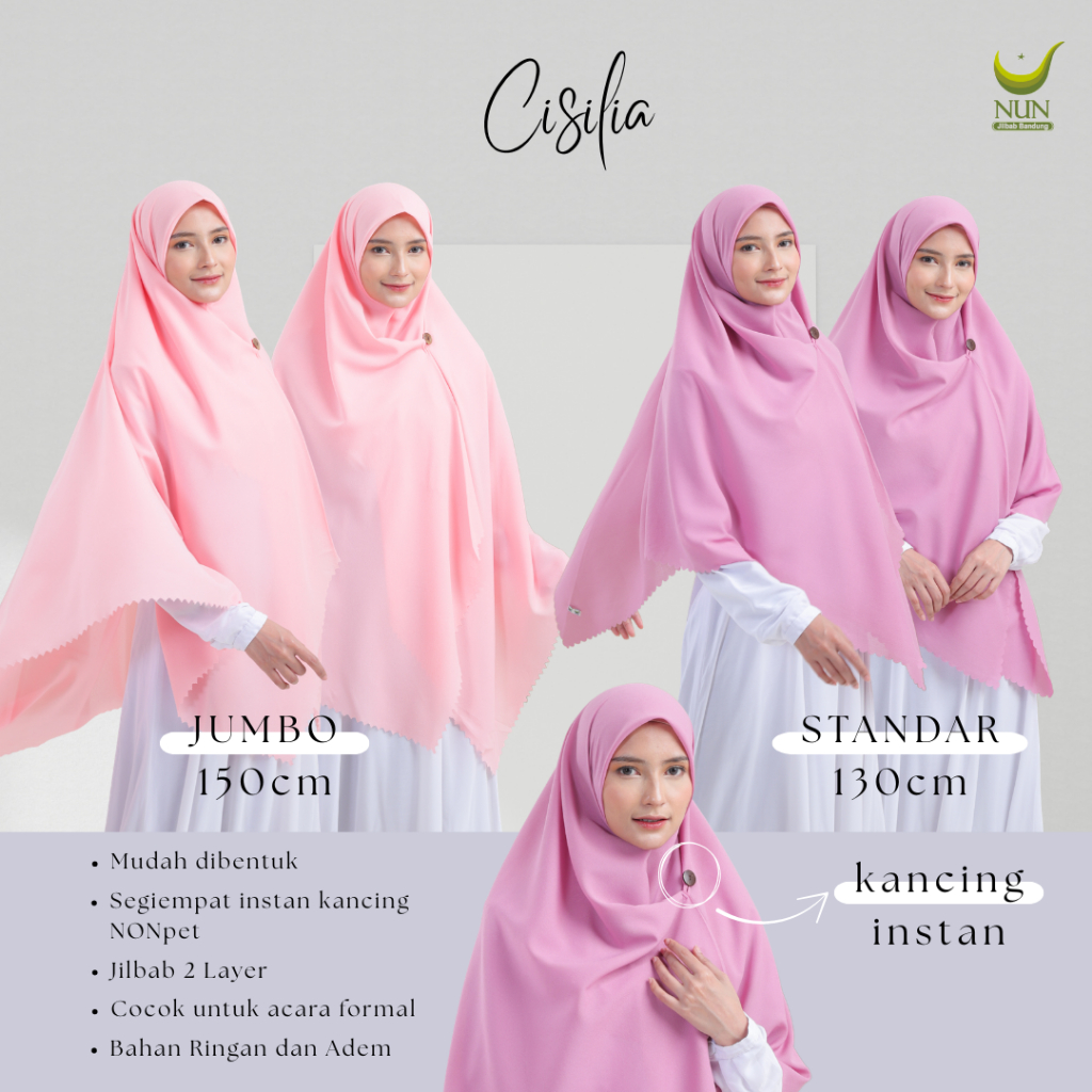 Jilbab Cisilia NUN JILBAB / Segiempat instan kancing non pet / Jilbab instan