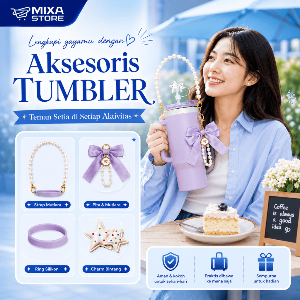 Aksesoris Tumbler Set 5in1 Lengkap Strap Mutiara Charm Pita Topper Sedotan Ring Silikon Aesthetic Mi