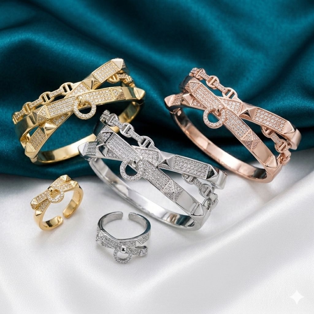 Xuping88 Set Gelang dan Cincin Silang Sultan Mewah Titani