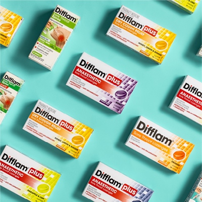 Permen Difflam Plus Triple Action - 16 Lozenges (nyeri tenggorokan, batuk, sariawan)