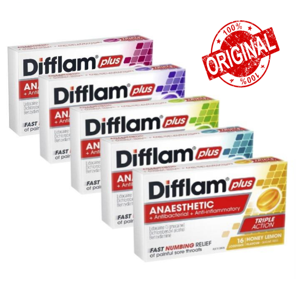 Permen Difflam Plus Triple Action - 16 Lozenges (Nyeri Tenggorokan Sariawan Batuk)