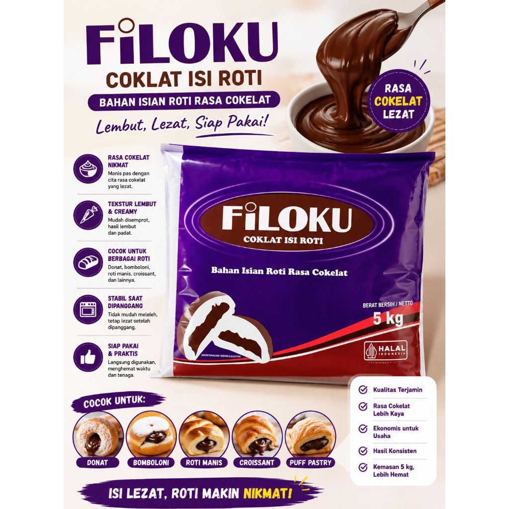 Coklat Filling Filoku 5kg | Coklat Isian 5kg | Filoku Coklat Filling 5kg Isian Roti Donat Bakpao ENA