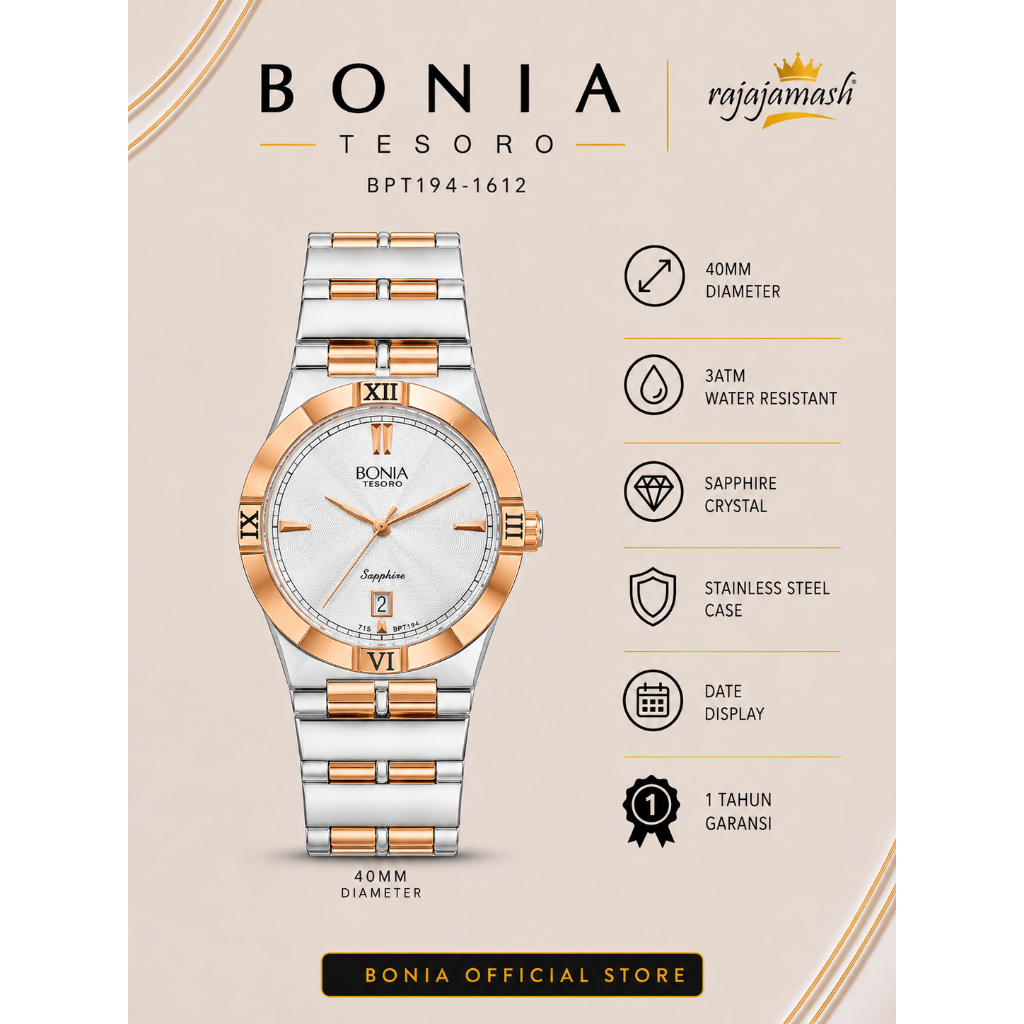 BONIA TESORO BPT194-1612 Jam Tangan Pria Classic Elegan Sapphire Crystal Two Tone Stainless Steel St